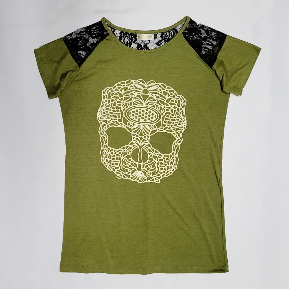 Sunny Fair Lacy Army Green Skull Top